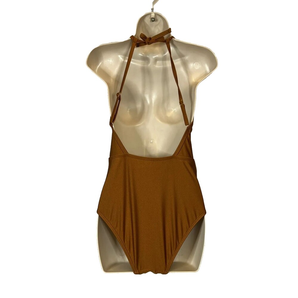 Venus Bronze Brown Crisscross Cutout Halter Faux Belt w/Buckle One Piece Sz 8 - Picture 5 of 8